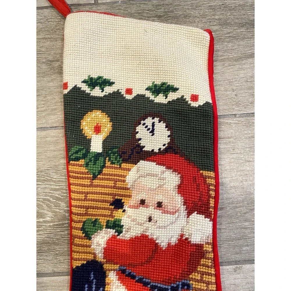 2x Vintage 1990s Needlepoint Hanging Christmas Stockings Santa And Cat